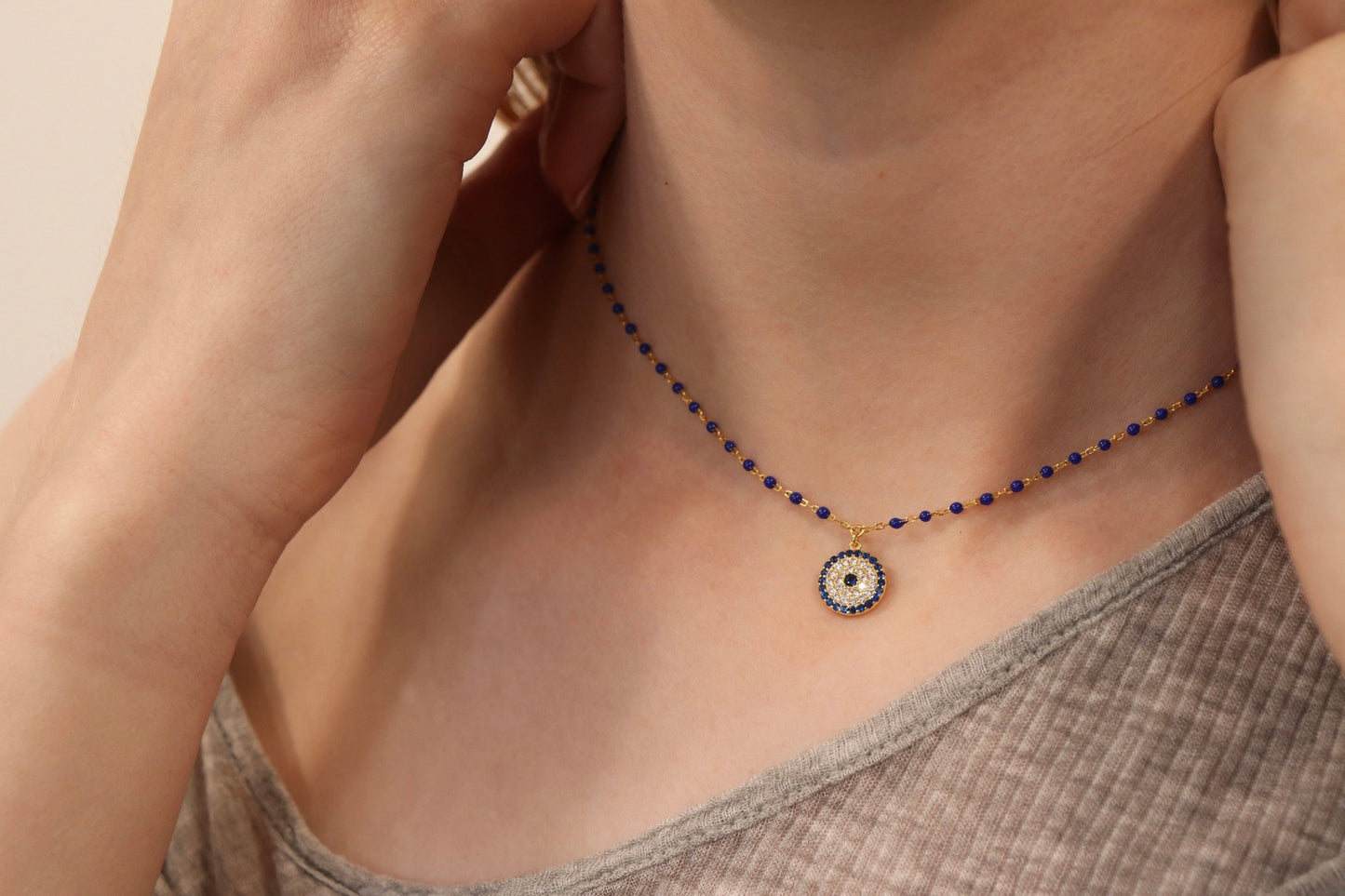 Blue Beaded Evil Eye Necklace