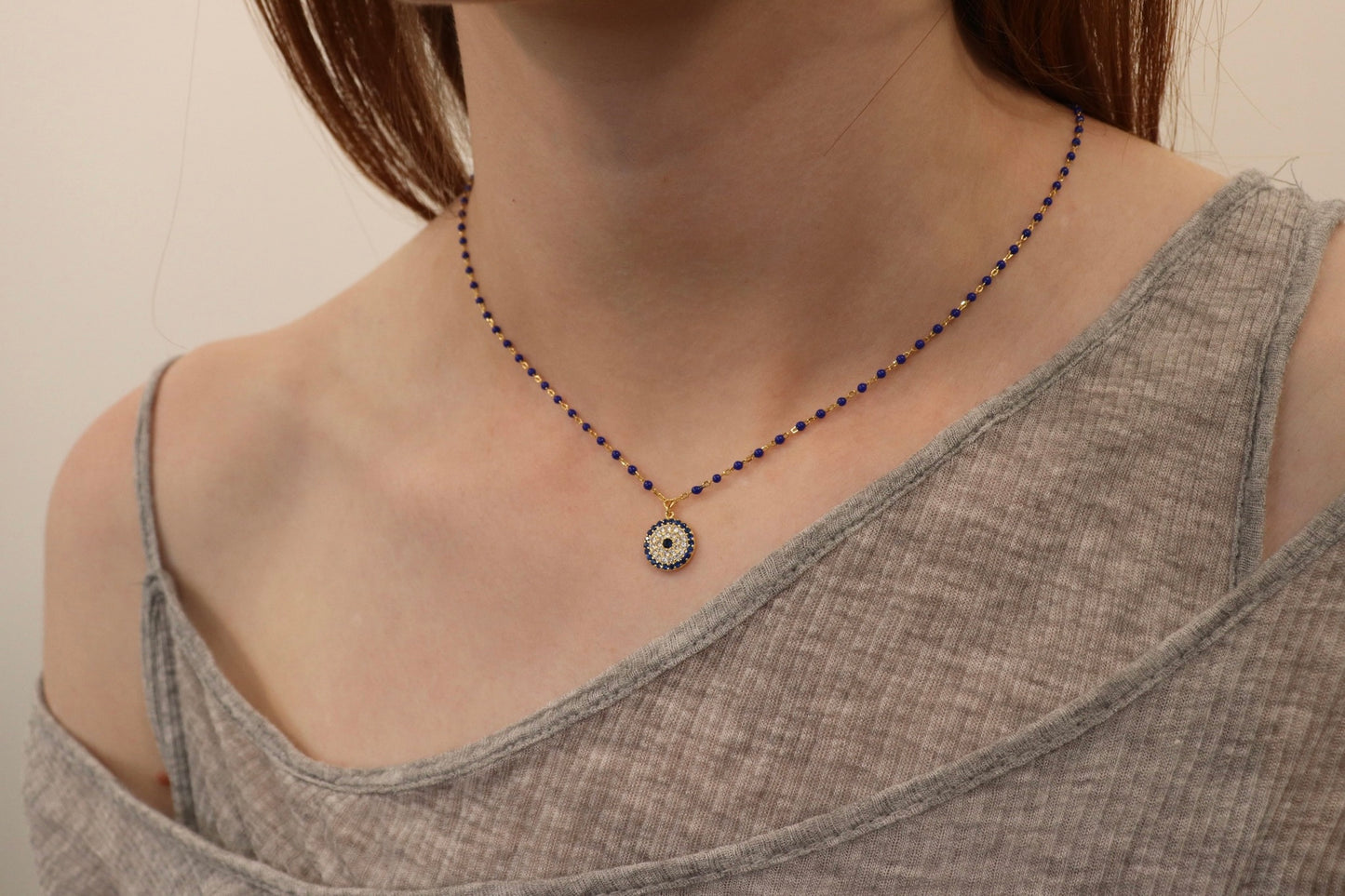 Blue Beaded Evil Eye Necklace