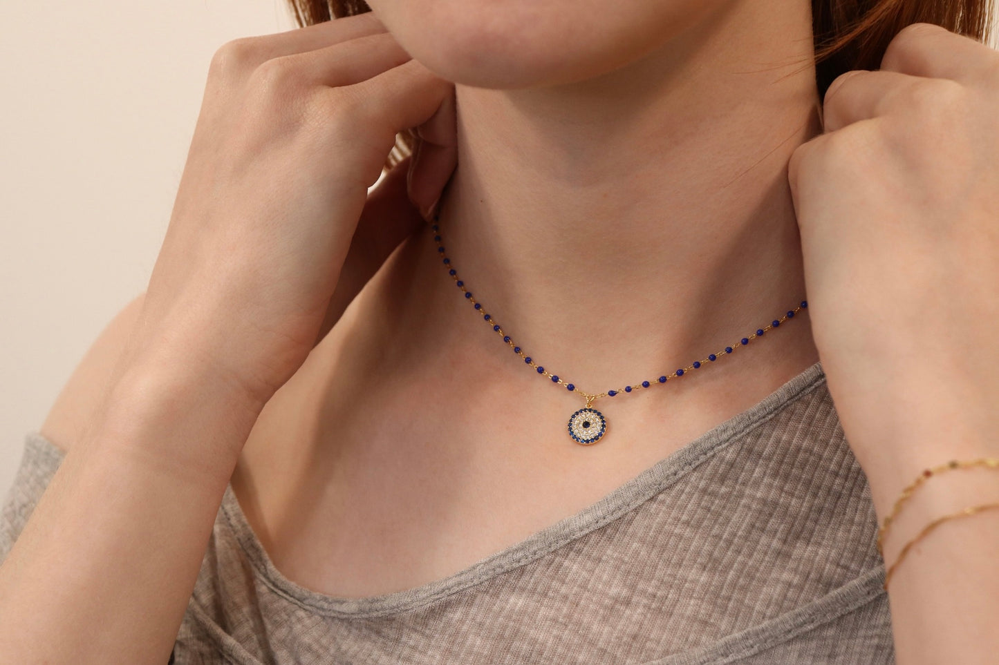 Blue Beaded Evil Eye Necklace